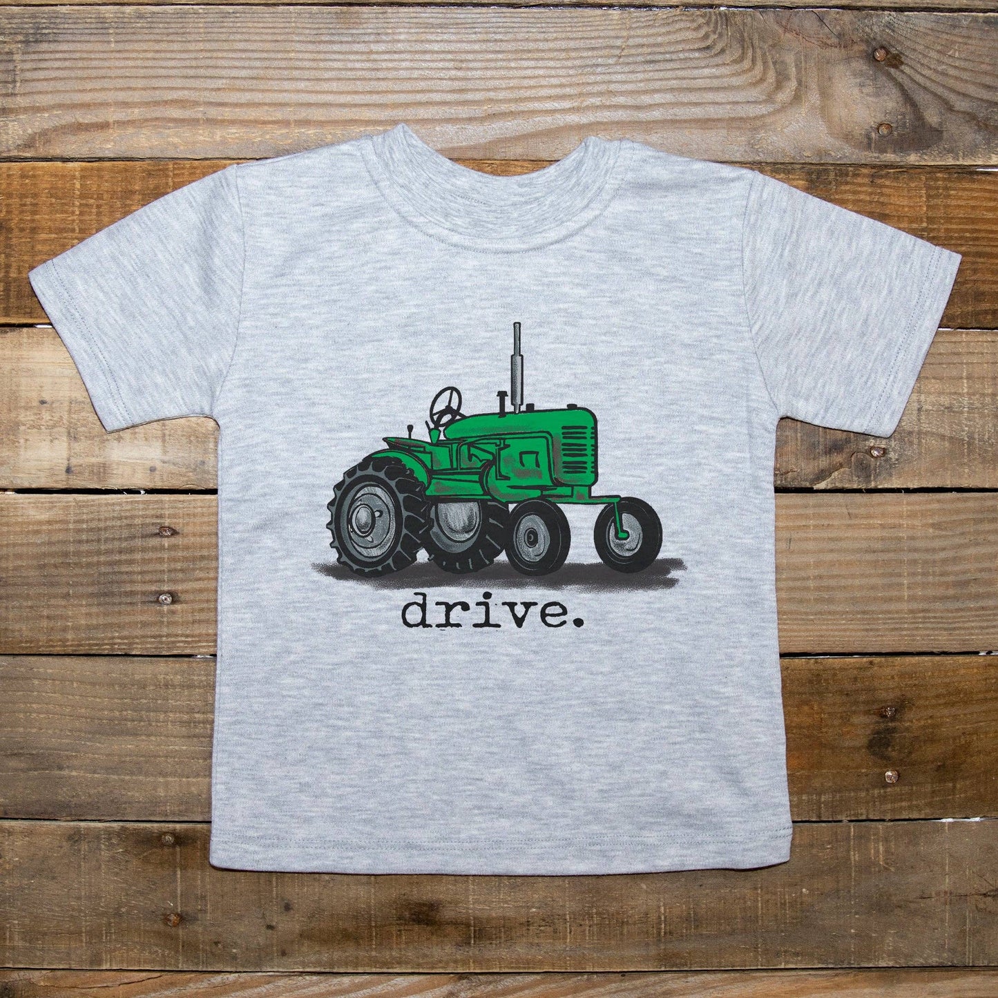 "drive." Green tractor short-sleeve tee