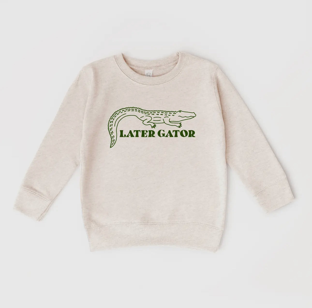  Natural color crew neck sweatshirt with a green illustration of an alligator and the words “Later Gator” in green text. 