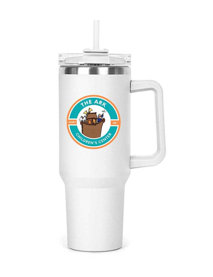White tumbler with handle and straw featuring 'The Ark Children's Center' logo on a white background